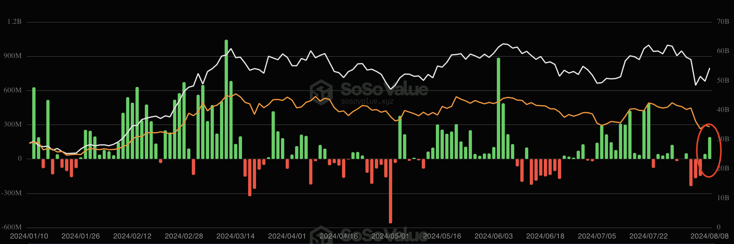 De in- en uitstromen bij de bitcoin ETF's. Bron: SoSoValue.