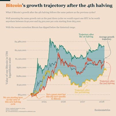 De groei van bitcoin na verschillende halvings