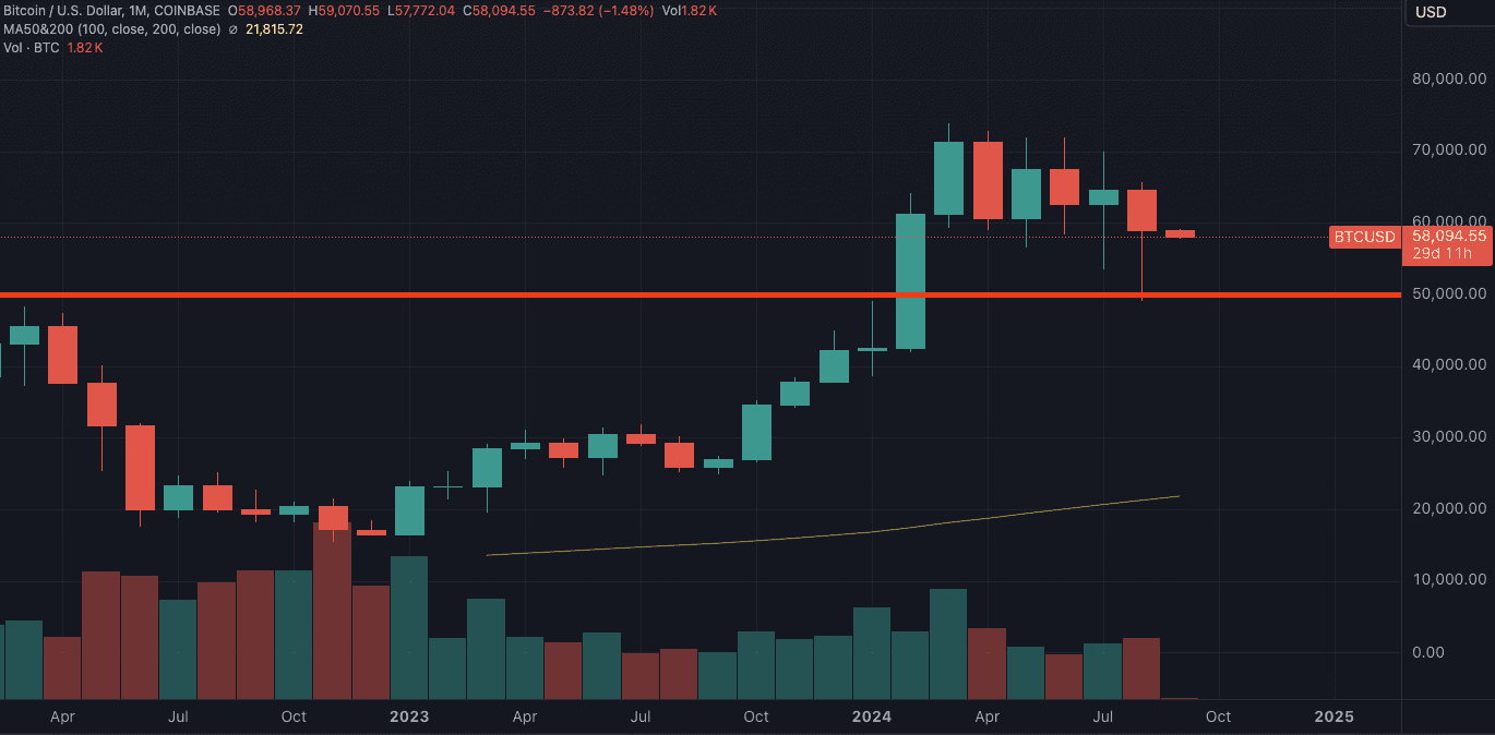 De maandelijkse bitcoin grafiek (elke candle is 1 maand). Omcirkeld is de candle van de maand augustus. Bron: Tradingview.