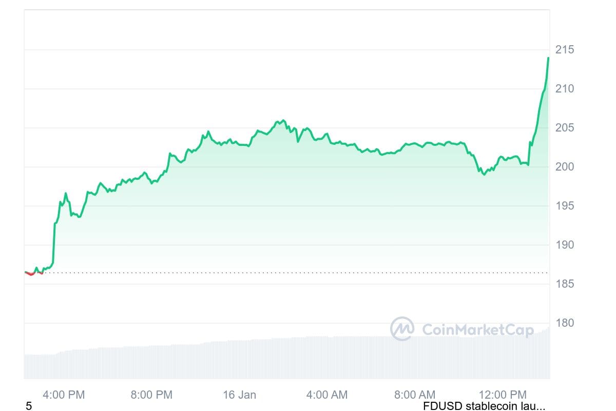 De koers van solana schoot omhoog vlak nadat het nieuws viraal ging. Bron: CoinMarketCap.