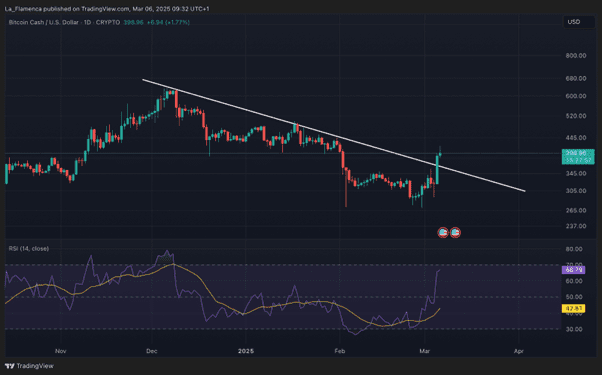 De koers van bitcoin cash (NC) doorbreekt een lange neerwaartse trend