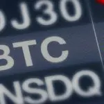 De ticker van bitcoin (BTC) in een lijst met indices. BTC klimt terwijl NASDAQ en de Dow Jones 30 dalen