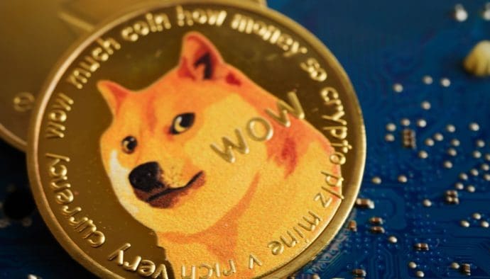 Dogecoin (DOGE) munt met blauwe achtergrond