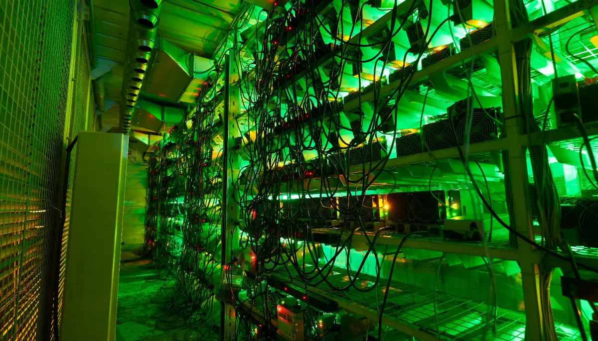 Een afbeelding van bitcoin miners die staan opgestapeld in een grote loods met groene verlichting