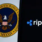 Het logo van Ripple, het bedrijf achter XRP, en daarachter het logo van de SEC, een belangrijke cryptowaakhond