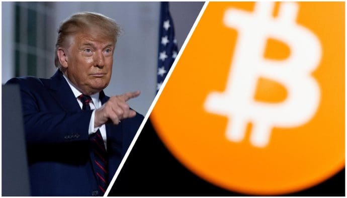 Link Donald Trump die wijst naar rechts, waar een oranje bitcoin logo te zien is.