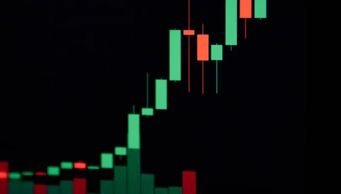 Een crypto grafiek met daarop groene candles, een stijgende koers